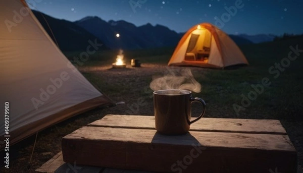 Fototapeta Night scene with tent lit by lantern under the stars and constellations