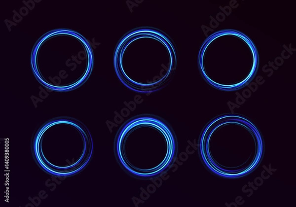 Fototapeta Circular lens rings pulse with shimmering light, blending 3D effects and glitter. Transparent neon trails enhance the depth. Use this modern vector style in digital artwork.