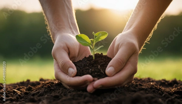 Fototapeta Close up photo of hands planting a sprout in the ground