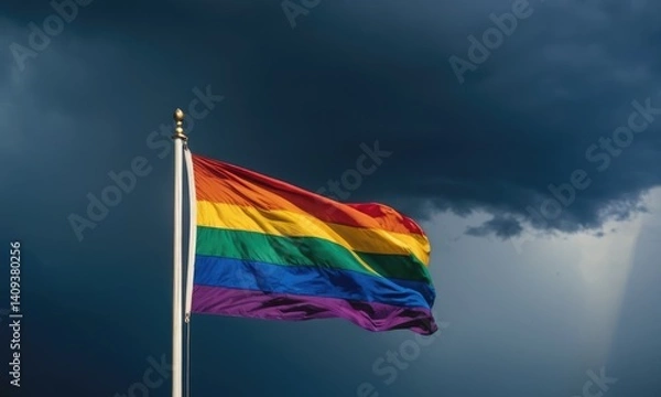 Fototapeta LGBT flag flying in the wind through storms, heavy clouds and lightning.