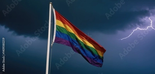 Fototapeta LGBT flag flying in the wind through storms, heavy clouds and lightning.