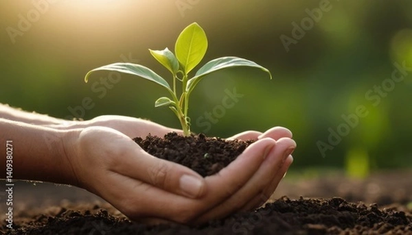 Fototapeta Close up photo of hands planting a sprout in the ground