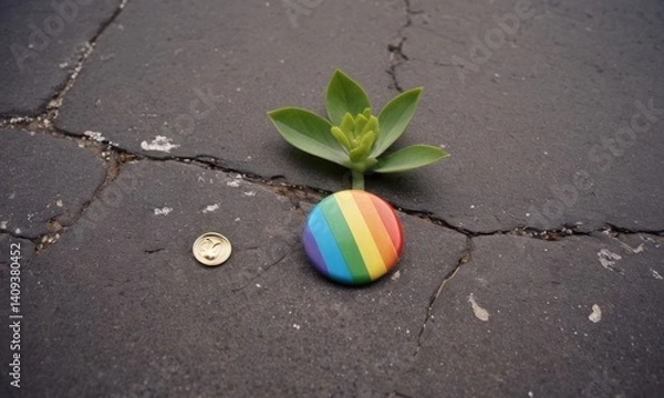 Fototapeta The LGBT Rainbow Button Badge is on the floor and next to it a sprout is breaking through the asphalt.