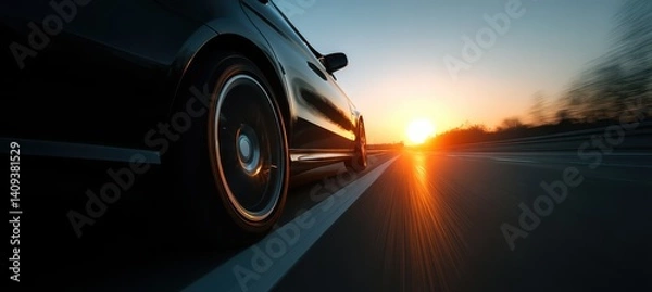 Fototapeta A sleek black car speeds along a highway as the sun sets on the horizon, casting warm hues over the road. The scene captures motion and the beauty of nature blended with travel