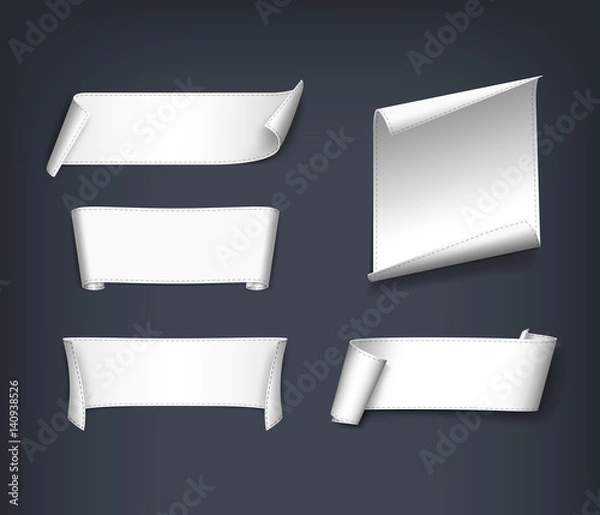 Obraz Set of white, realistic, paper ribbons. Vector illustration.
