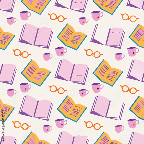 Obraz Pastel book lover seamless vector pattern with reading elements