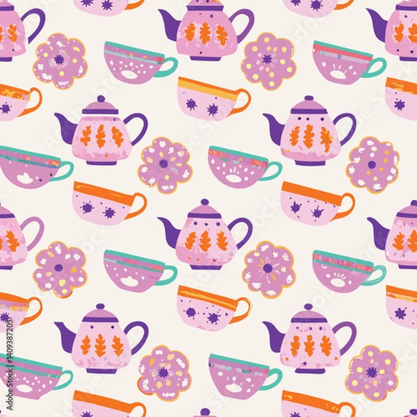 Fototapeta Pastel tea set seamless vector pattern with floral teapots and cups in peach and mint tones for cozy vintage branding.