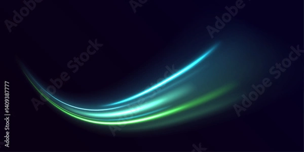 Fototapeta A bright green wave trail swirls through darkness, leaving light traces behind. The twirl effect adds elegance and energy. Great for branding, web headers, or posters.