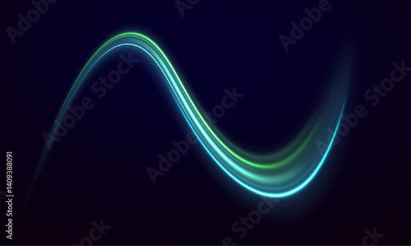 Fototapeta A series of neon speed lines curves across a black canvas. The light trails represent acceleration and digital motion. Suitable for racing, gaming, or sci-fi graphics.