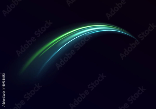 Fototapeta Green light painting reveals flowing streaks against a pitch-black background. The long exposure effect enhances a sense of time and motion. Ideal for creative visual design.