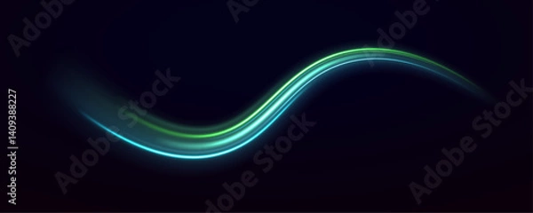 Fototapeta Abstract speed lines in glowing green curve forward with motion blur. This effect creates a feeling of rapid digital transition. It suits tech backgrounds and UI elements.