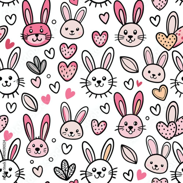 Fototapeta Cute rabbit faces and hearts seamless pattern