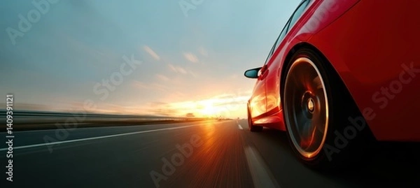Fototapeta A vibrant red car accelerates down a highway as the sun sets in the background. The blurred scenery enhances the sense of motion and freedom during evening travel