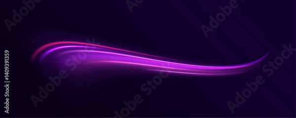 Fototapeta Creative vector illustration of flying cosmic meteor, planetoid, comet, fireball isolated on transparent background. Neon color glowing lines background, high-speed light trails effect.	