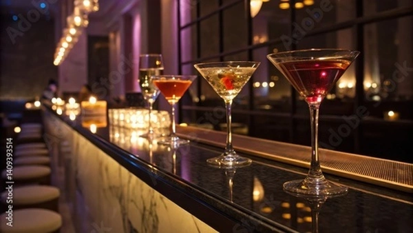 Fototapeta cocktail bars Elegant cocktails on a stylish bar, illuminated by warm lighting, creating a sophisticated atmosphere.