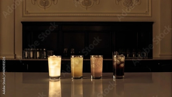 Obraz cocktail bars Elegant cocktails displayed on a bar, illuminated against a dark background.