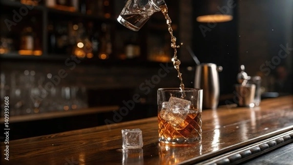 Obraz cocktail bars A glass with ice is filled with liquid, capturing the action of pouring at a stylish bar.
