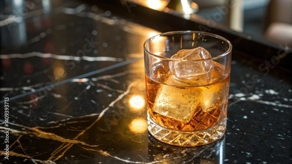 Fototapeta cocktail bars A whiskey glass with ice sits on a dark marble surface, reflecting ambient light.