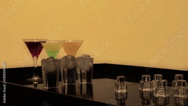 Obraz cocktail bars Colorful cocktails and shot glasses arranged on a sleek, reflective surface against a yellow backdrop.