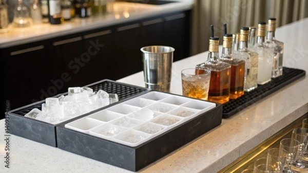 Fototapeta cocktail bars Stylish bar setup with various liquor bottles, ice trays, and glassware on a sleek counter.