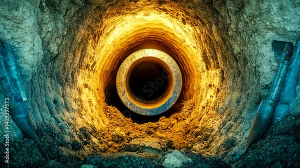Fototapeta Cross section of plastic pipe being installed underground with drilling rigs