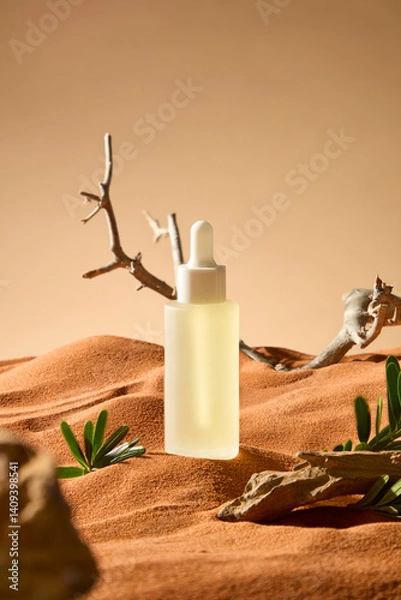 Fototapeta Serum dropper bottle placed on brown sand in barren wasteland. Dry tree branch winding and lying on sand fields. Desert shrubs grow lush in the dry sunny desert with many trunks scattered around.
