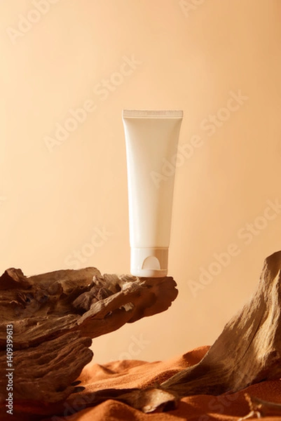 Fototapeta Unlabeled white tube of cream stand at the tip of a rough rock outcrop. The burnt orange sand has an uneven surface, forming undulating sand dunes. A undulating log with regular grain patterns
