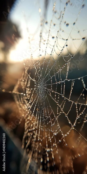 Fototapeta Spiderweb with dew drops glistening in sunlight against blurred background.