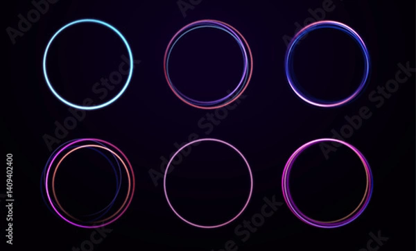 Fototapeta Set of neon blurry light circles at motion . Vector swirl trail effect. Abstract vector fire circles, sparkling swirls and energy light spiral frames.	