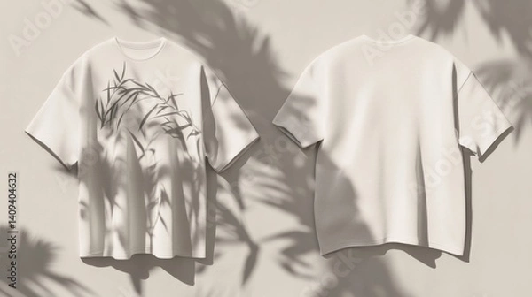 Fototapeta Monochromatic Botanical Print T-Shirt Mockup: Front & Back Views with Shadow Overlay