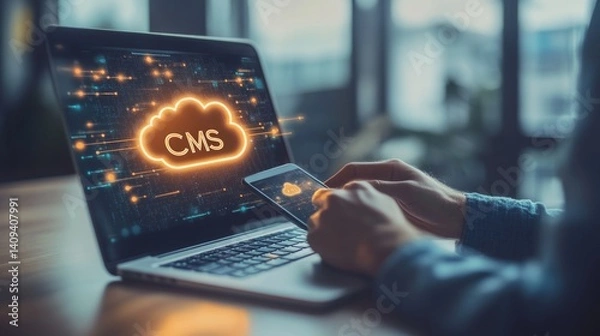 Fototapeta Businessman Managing Content On Cloud CMS Platform, Accessing Data On Laptop And Phone