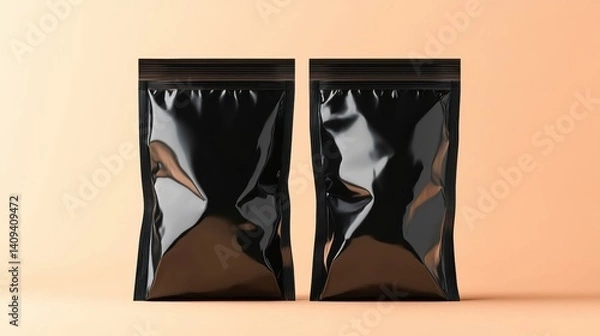 Fototapeta Glossy Black Stand-Up Pouches on Peach Background