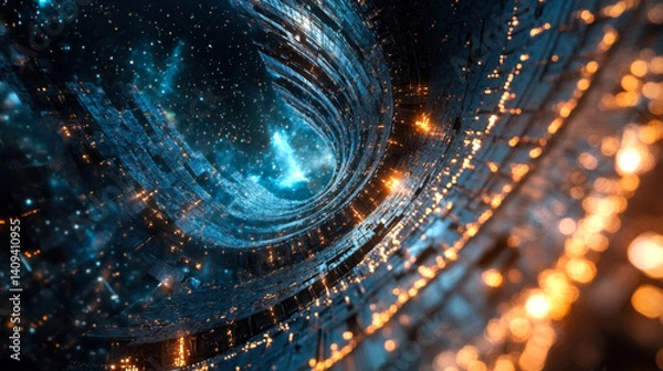 Fototapeta Journey through a cosmic tunnel with swirling energy and shimmering lights at the edge of the universe