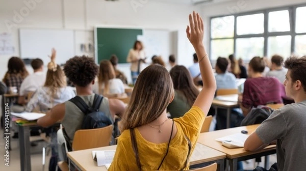 Fototapeta Students in a classroom with one raising hand while the teacher is in front of the chalkboard