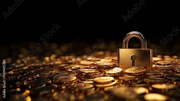 Obraz a robust, well-crafted padlock resting atop a dynamic heap of gold coins, symbolizing asset protection and financial trust the surrounding gold glows under subtle lighting, emphasizing security and