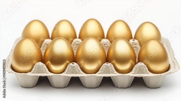 Obraz a dozen radiant golden eggs arranged neatly in a carton, their reflective surfaces gleaming under soft, diffused lighting the eggs rest securely in their molded slots, symbolizing wealth preservation