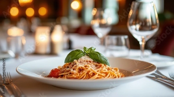 Obraz Delicious pasta dish served elegantly on a white tablecloth in a romantic restaurant setting