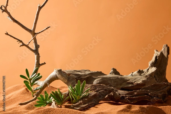 Fototapeta Coarse tree trunk placed on sand of the dry landscape with some wild plants growing around. A spindly branch juts out from the driftwood. Sand field with an uneven surface and dry sand grains