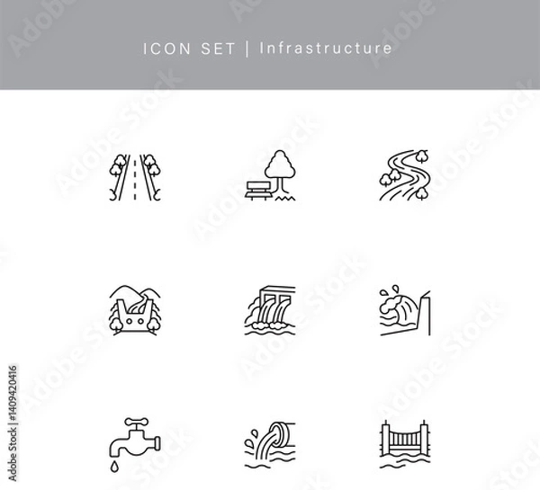 Fototapeta 河川や海岸,道路などのインフラ線画アイコンセット
