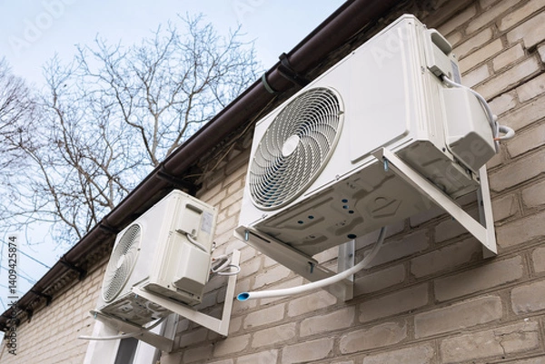 Fototapeta Two air source heat pumps installed on the exterior