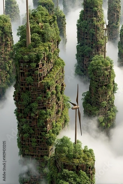 Fototapeta Forest with tall trees surrounded by fog or mist creating a surreal scene.