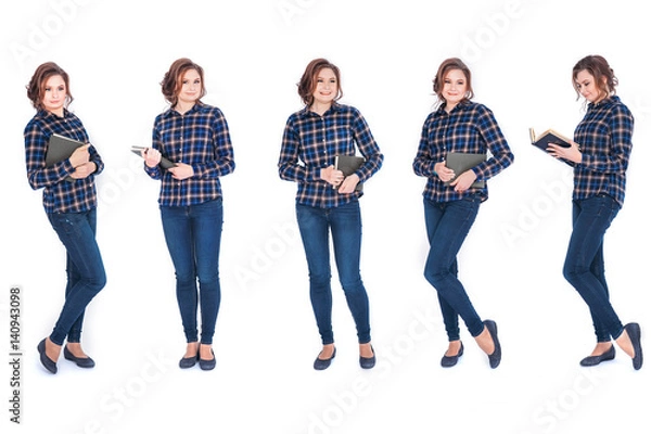 Fototapeta Set of Full length portrait of a smiling beautiful woman student holding book isolated on white background