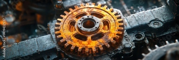 Fototapeta Close-up of a golden gear surrounded by other mechanical parts in a dark setting.