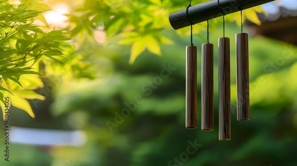 Obraz Peaceful bamboo chimes in a tranquil garden setting