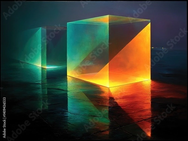Fototapeta Two abstract translucent cubes with colorful light rays in a dark environment.