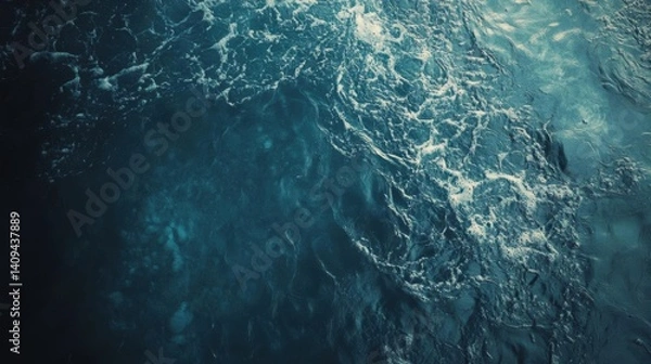 Fototapeta Dark Blue Water Flows Smoothly with White Foam, Creating a Coastal Texture Theme.