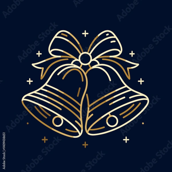 Fototapeta Stylish Christmas bells illustration with bow in minimalist line art on dark navy blue background