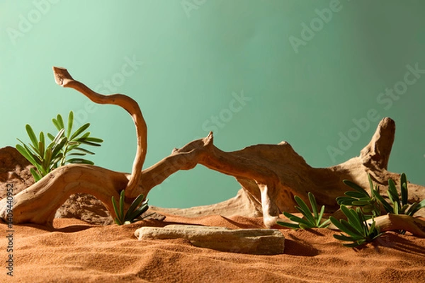 Obraz The twisted branches of the trees are gnarled and rough-surfaced. The rock is partly covered with sand. Desert shrubs grow around the withered tree trunks. The wind-blown sand has an uneven surface.