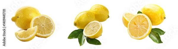 Fototapeta set of lemon isolated. Half and slice and a whole of lemon with leaves on a transparent background