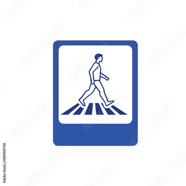 Fototapeta Silhouette illustration of an individual walking across a pedestrian crosswalk. Depicted in solid blue on a white background creating a minimalistic and modern design for various concepts.